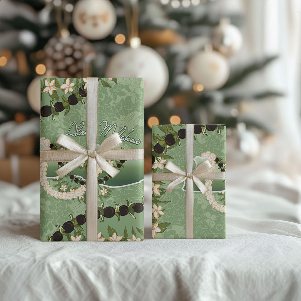 Hawaii Molokai Island Flowers Lei Wrapping Paper Kukui Nut Mossy Green