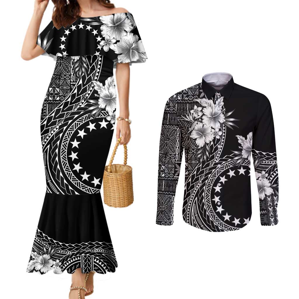 Kia Orana Cook Islands Couples Matching Mermaid Dress and Long Sleeve Button Shirt Tiare and Stars LT7 Black - Polynesian Pride