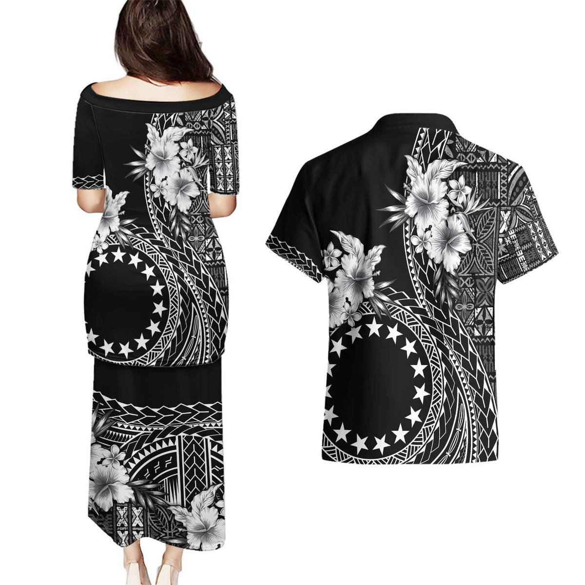 Kia Orana Cook Islands Couples Matching Puletasi and Hawaiian Shirt Tiare and Stars LT7 - Polynesian Pride