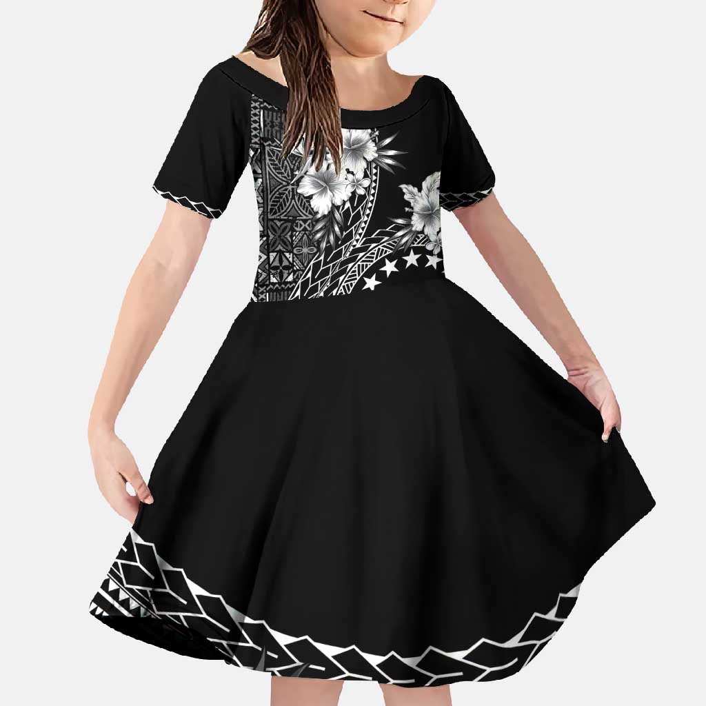 Kia Orana Cook Islands Family Matching Off Shoulder Maxi Dress and Hawaiian Shirt Tiare and Stars LT7 Daughter's Dress Black - Polynesian Pride