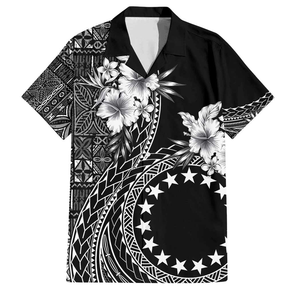 Kia Orana Cook Islands Family Matching Off Shoulder Maxi Dress and Hawaiian Shirt Tiare and Stars LT7 Dad's Shirt - Short Sleeve Black - Polynesian Pride