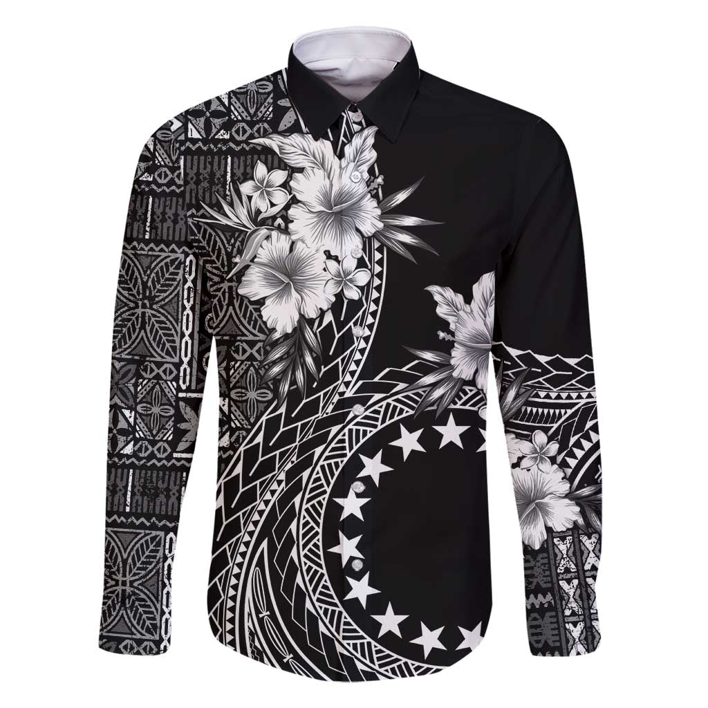 Kia Orana Cook Islands Family Matching Off Shoulder Maxi Dress and Hawaiian Shirt Tiare and Stars LT7 Dad's Shirt - Long Sleeve Black - Polynesian Pride