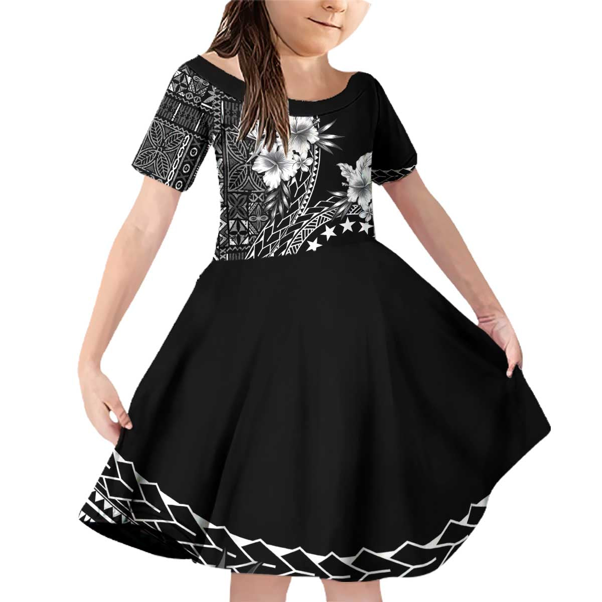 Kia Orana Cook Islands Family Matching Off Shoulder Short Dress and Hawaiian Shirt Tiare and Stars LT7 Daughter's Dress Black - Polynesian Pride