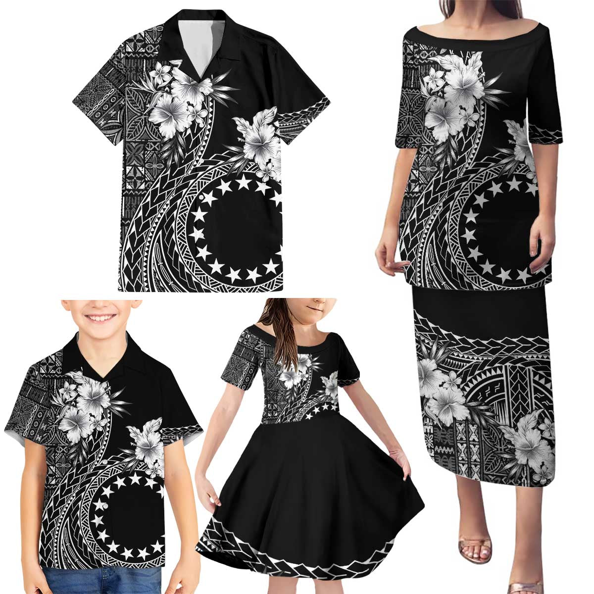 Kia Orana Cook Islands Family Matching Puletasi and Hawaiian Shirt Tiare and Stars LT7 - Polynesian Pride