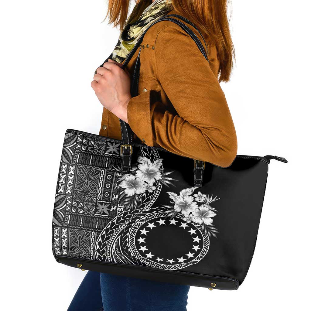 Kia Orana Cook Islands Leather Tote Bag Tiare and Stars LT7 Black - Polynesian Pride