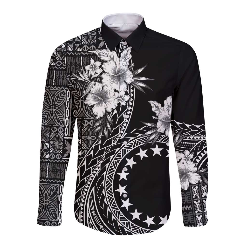 Kia Orana Cook Islands Long Sleeve Button Shirt Tiare and Stars LT7 Unisex Black - Polynesian Pride