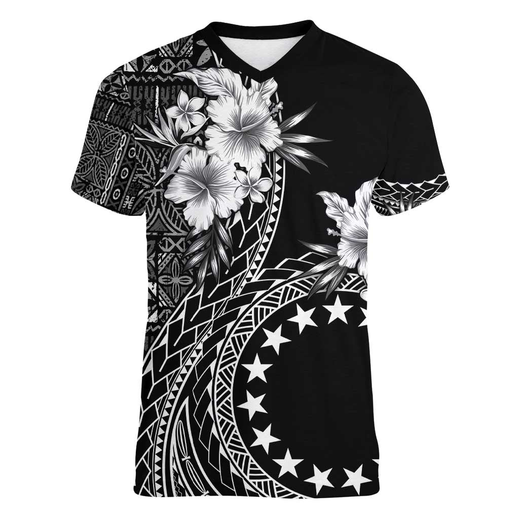 Kia Orana Cook Islands Women V-Neck T-Shirt Tiare and Stars LT7 Female Black - Polynesian Pride