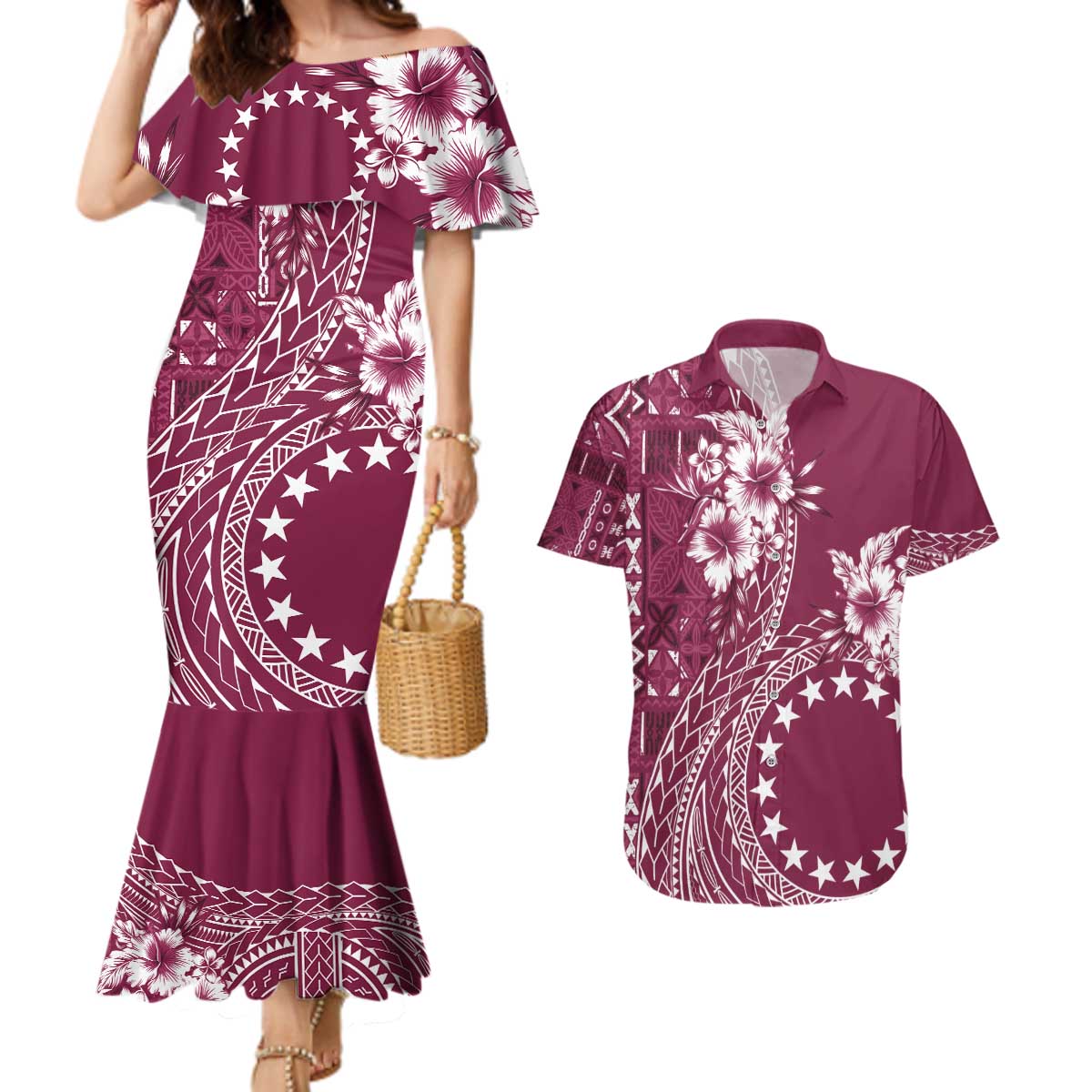 Kia Orana Cook Islands Couples Matching Mermaid Dress and Hawaiian Shirt Tiare and Stars - Maroon