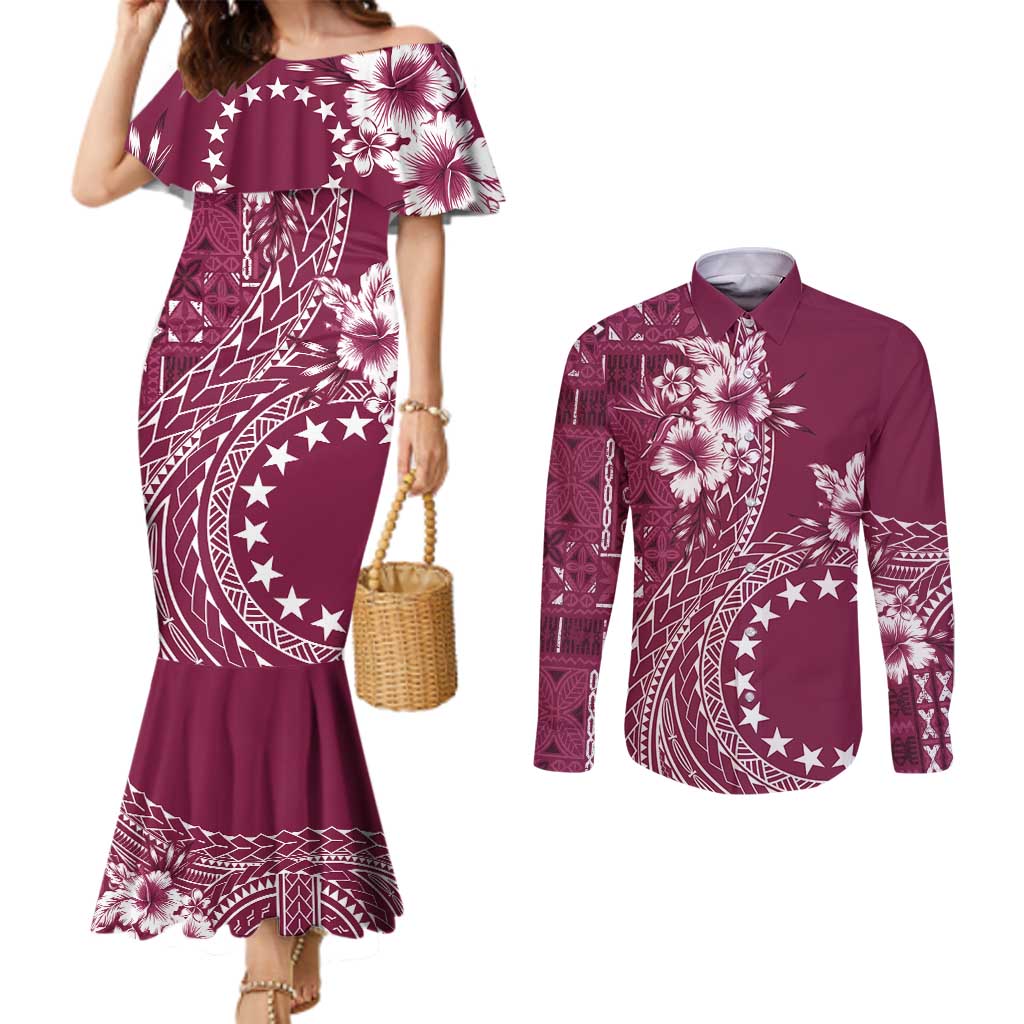 Kia Orana Cook Islands Couples Matching Mermaid Dress and Long Sleeve Button Shirt Tiare and Stars - Maroon LT7 Maroon - Polynesian Pride