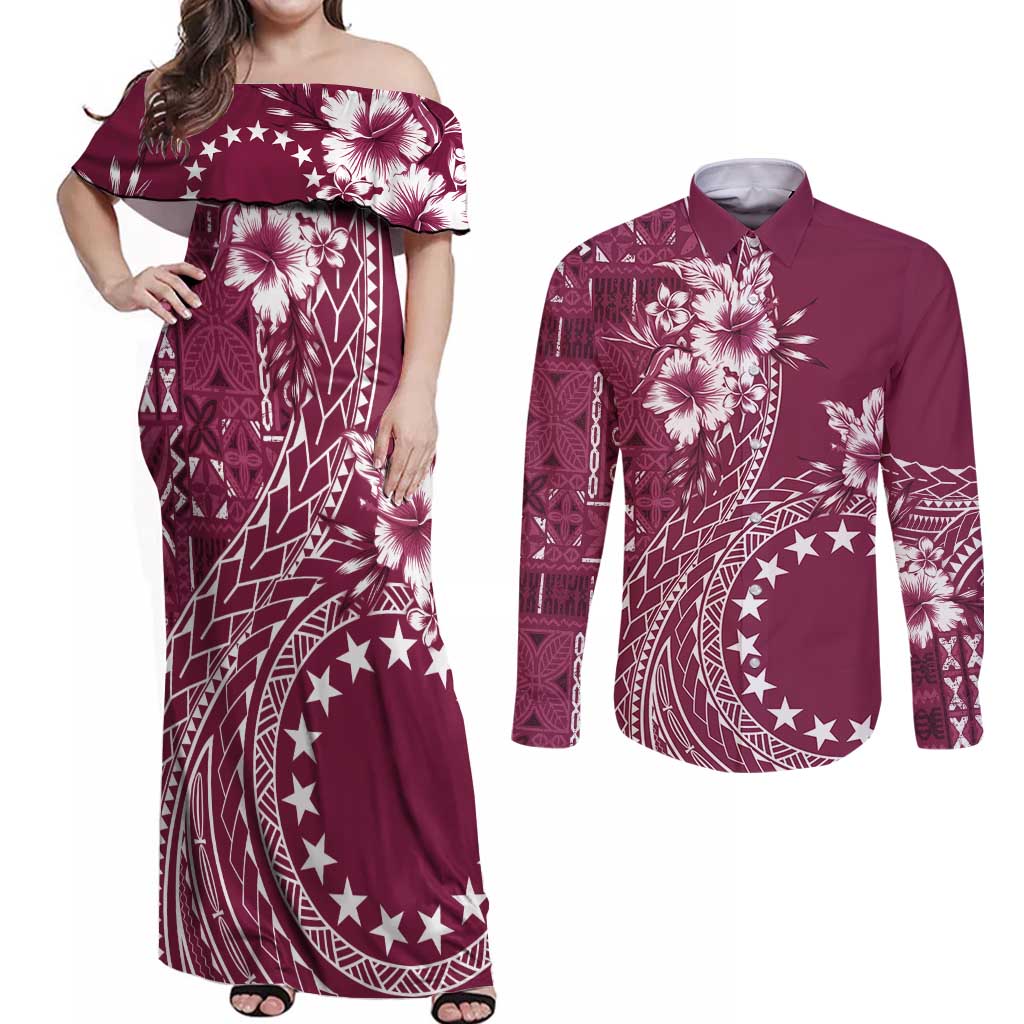 Kia Orana Cook Islands Couples Matching Off Shoulder Maxi Dress and Long Sleeve Button Shirt Tiare and Stars - Maroon LT7 Maroon - Polynesian Pride