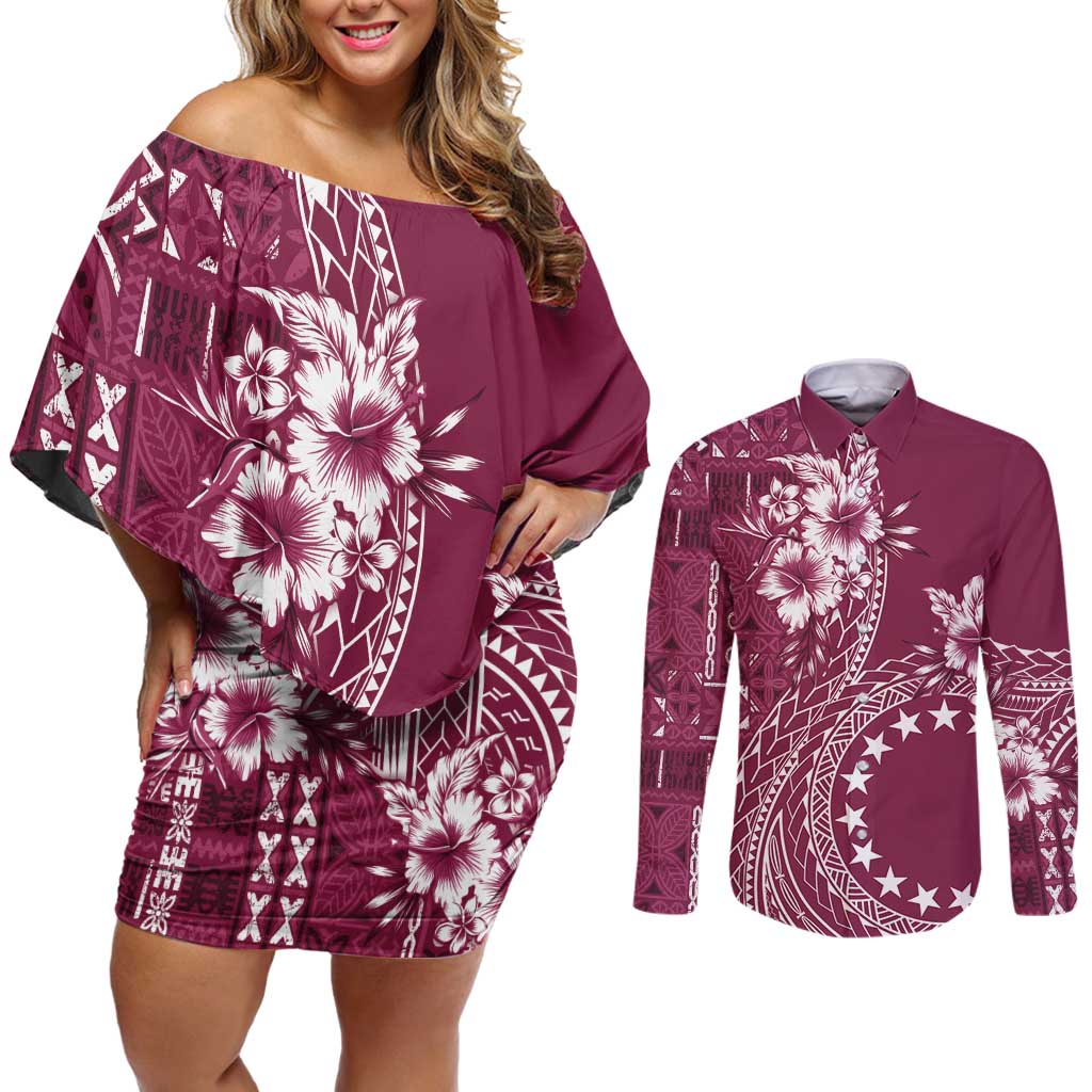 Kia Orana Cook Islands Couples Matching Off Shoulder Short Dress and Long Sleeve Button Shirt Tiare and Stars - Maroon LT7 Maroon - Polynesian Pride