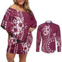 Kia Orana Cook Islands Couples Matching Off Shoulder Short Dress and Long Sleeve Button Shirt Tiare and Stars - Maroon LT7 Maroon - Polynesian Pride