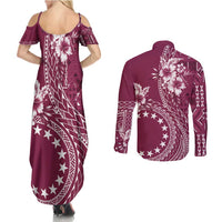 Kia Orana Cook Islands Couples Matching Summer Maxi Dress and Long Sleeve Button Shirt Tiare and Stars - Maroon LT7 - Polynesian Pride