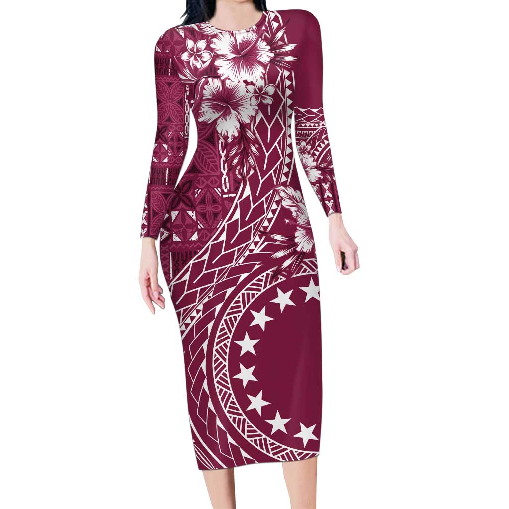 Kia Orana Cook Islands Family Matching Long Sleeve Bodycon Dress and Hawaiian Shirt Tiare and Stars - Maroon