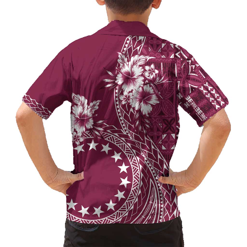 Kia Orana Cook Islands Family Matching Off Shoulder Maxi Dress and Hawaiian Shirt Tiare and Stars - Maroon LT7 - Polynesian Pride