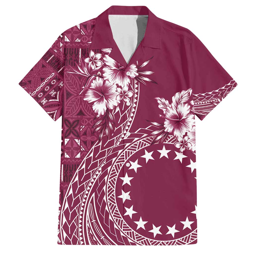 Kia Orana Cook Islands Family Matching Off Shoulder Maxi Dress and Hawaiian Shirt Tiare and Stars - Maroon LT7 Dad's Shirt - Short Sleeve Maroon - Polynesian Pride