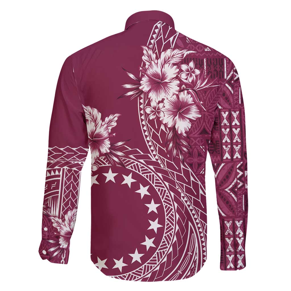 Kia Orana Cook Islands Family Matching Off Shoulder Maxi Dress and Hawaiian Shirt Tiare and Stars - Maroon LT7 - Polynesian Pride