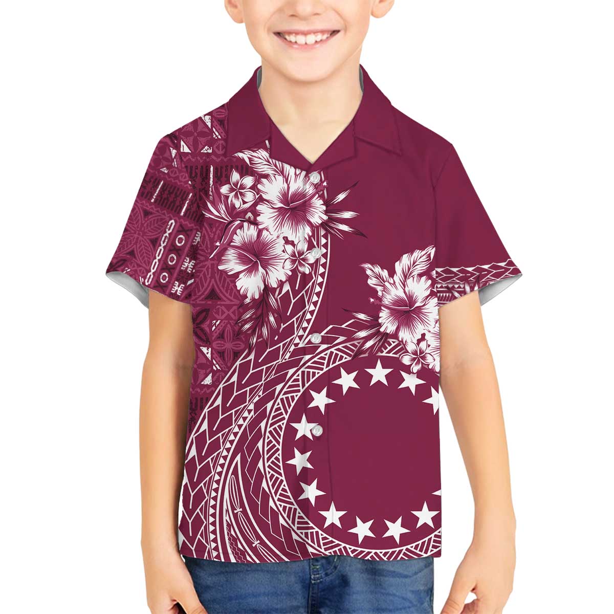Kia Orana Cook Islands Family Matching Puletasi and Hawaiian Shirt Tiare and Stars - Maroon LT7 Son's Shirt Maroon - Polynesian Pride