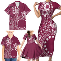 Kia Orana Cook Islands Family Matching Short Sleeve Bodycon Dress and Hawaiian Shirt Tiare and Stars - Maroon LT7 - Polynesian Pride