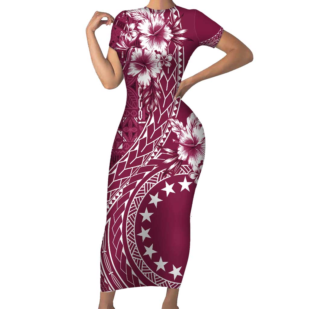 Kia Orana Cook Islands Family Matching Short Sleeve Bodycon Dress and Hawaiian Shirt Tiare and Stars - Maroon LT7 Mom's Dress Maroon - Polynesian Pride