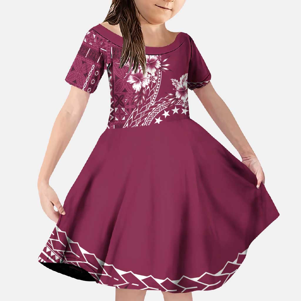 Kia Orana Cook Islands Family Matching Tank Maxi Dress and Hawaiian Shirt Tiare and Stars - Maroon LT7 Daughter's Dress Maroon - Polynesian Pride