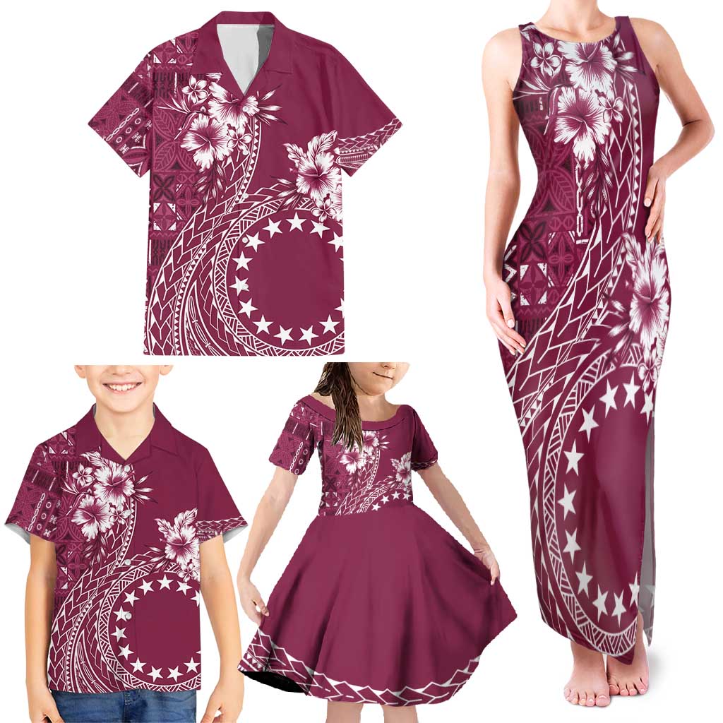 Kia Orana Cook Islands Family Matching Tank Maxi Dress and Hawaiian Shirt Tiare and Stars - Maroon LT7 - Polynesian Pride