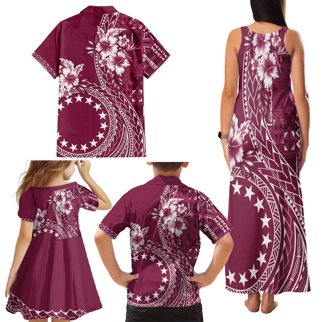 Kia Orana Cook Islands Family Matching Tank Maxi Dress and Hawaiian Shirt Tiare and Stars - Maroon LT7 - Polynesian Pride