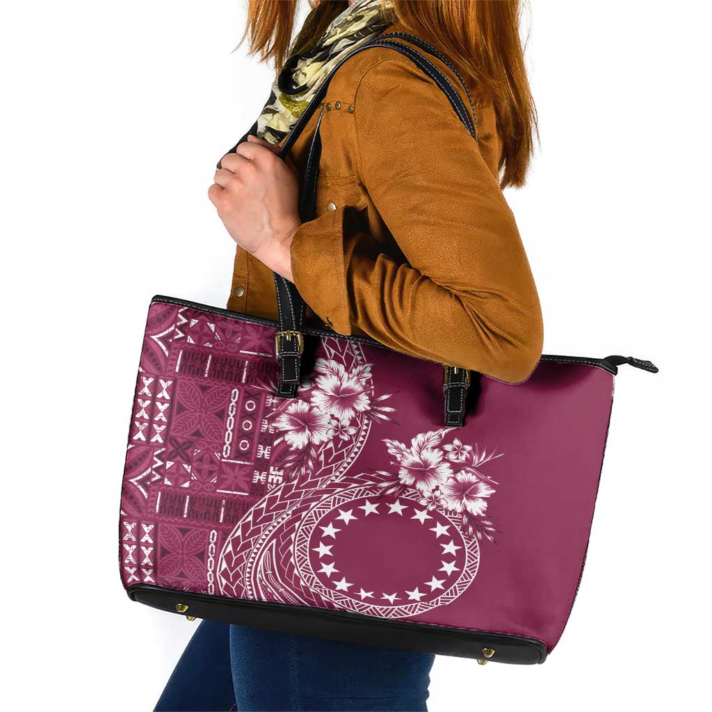 Kia Orana Cook Islands Leather Tote Bag Tiare and Stars - Maroon LT7 Maroon - Polynesian Pride
