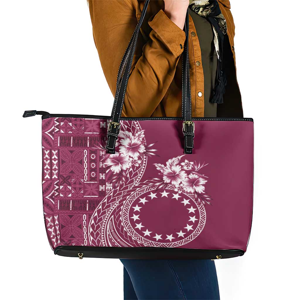 Kia Orana Cook Islands Leather Tote Bag Tiare and Stars - Maroon LT7 - Polynesian Pride