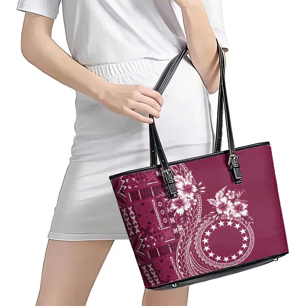 Kia Orana Cook Islands Leather Tote Bag Tiare and Stars - Maroon LT7 - Polynesian Pride