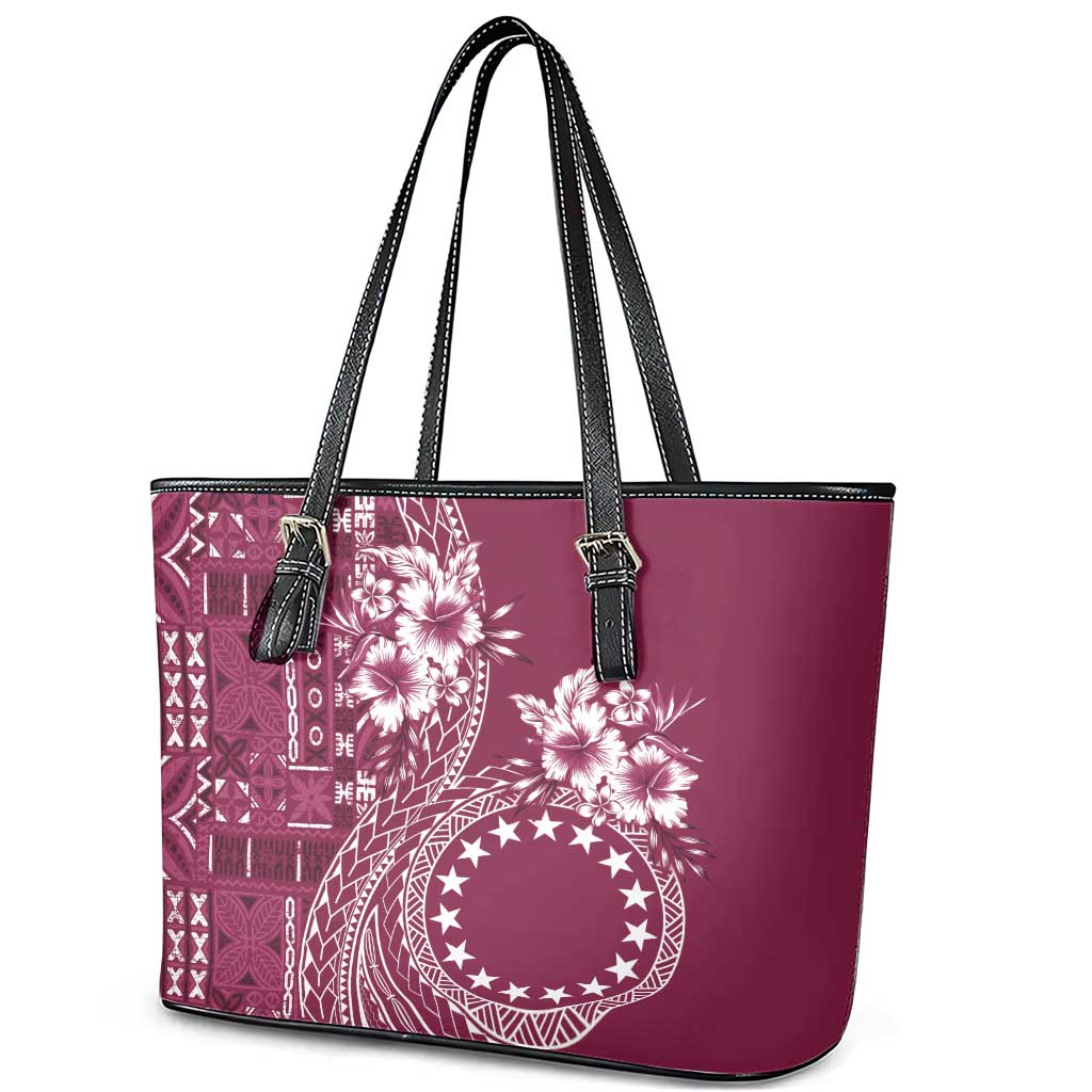 Kia Orana Cook Islands Leather Tote Bag Tiare and Stars - Maroon LT7 - Polynesian Pride