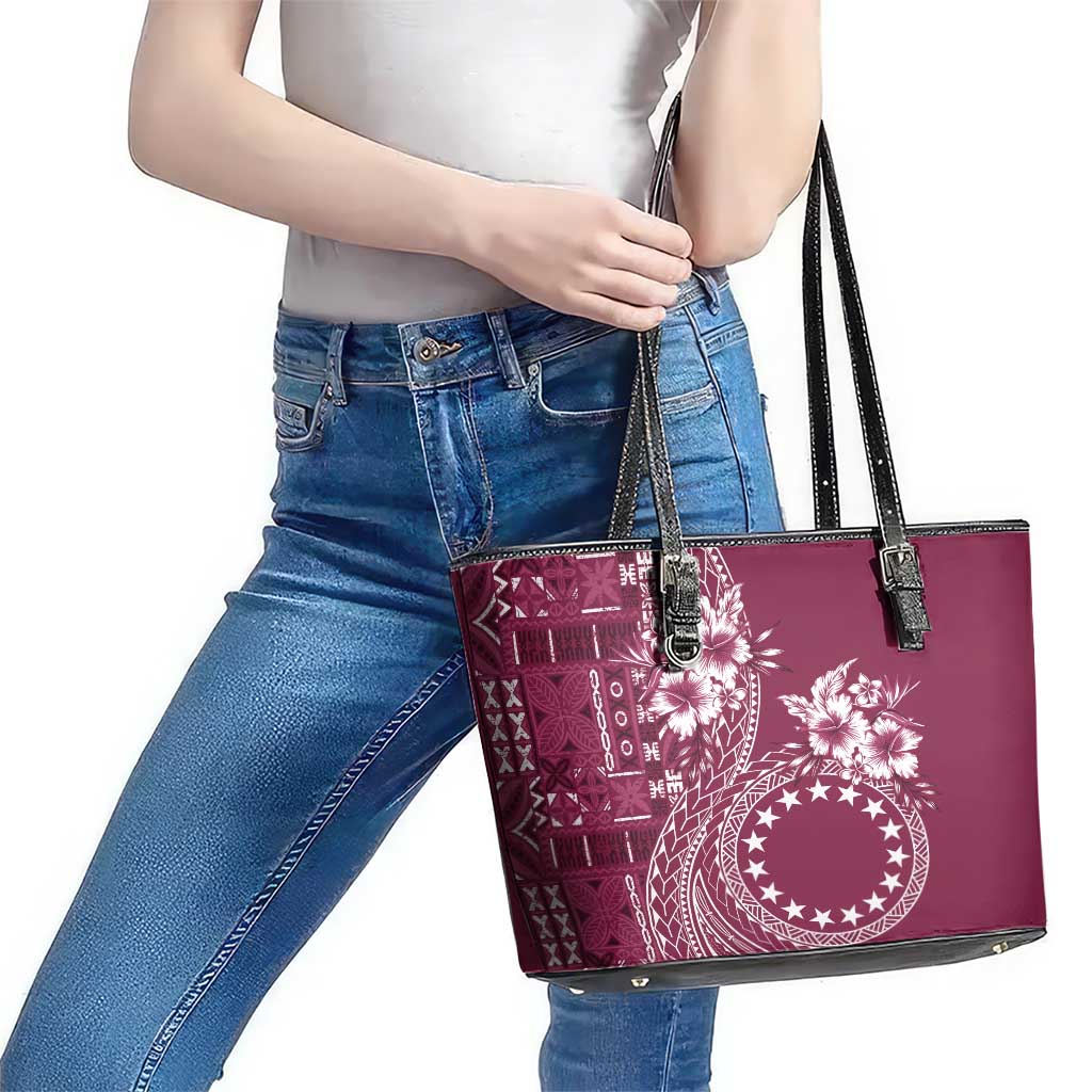 Kia Orana Cook Islands Leather Tote Bag Tiare and Stars - Maroon LT7 - Polynesian Pride