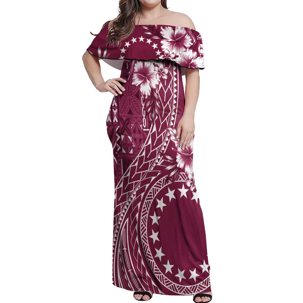 Kia Orana Cook Islands Off Shoulder Maxi Dress Tiare and Stars - Maroon