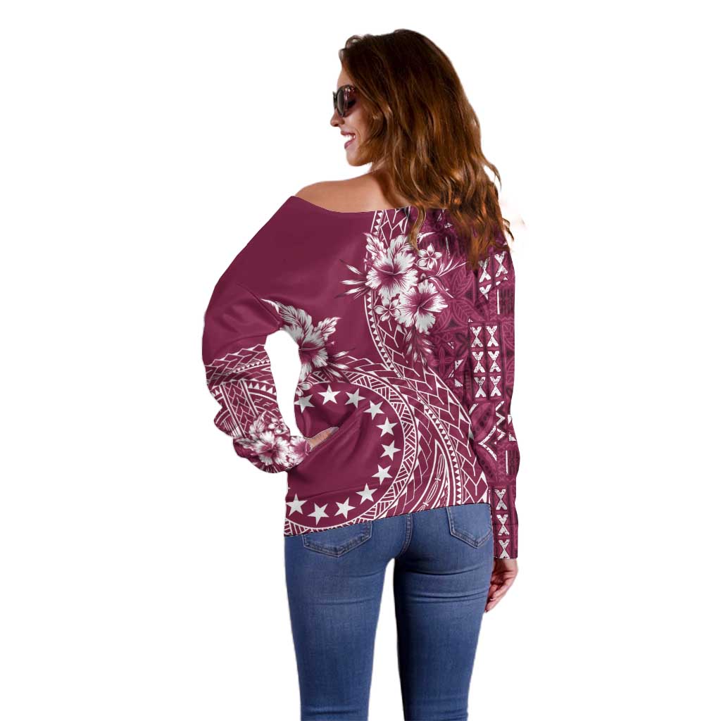 Kia Orana Cook Islands Off Shoulder Sweater Tiare and Stars - Maroon