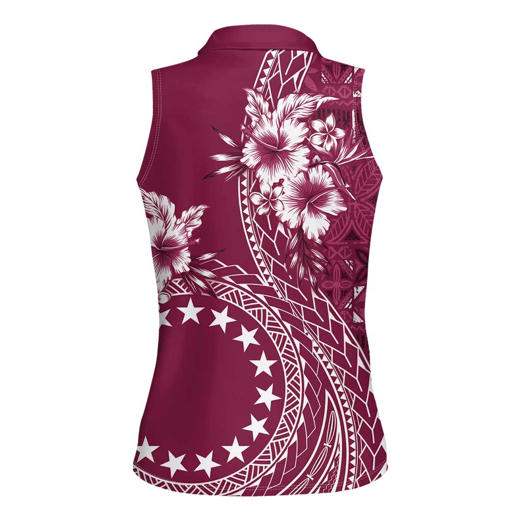 Kia Orana Cook Islands Women Sleeveless Polo Shirt Tiare and Stars - Maroon LT7 - Polynesian Pride