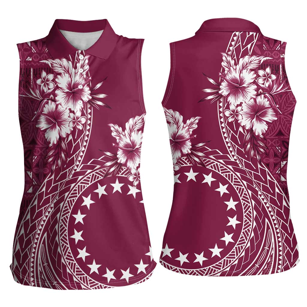 Kia Orana Cook Islands Women Sleeveless Polo Shirt Tiare and Stars - Maroon LT7 - Polynesian Pride