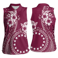 Kia Orana Cook Islands Women Sleeveless Polo Shirt Tiare and Stars - Maroon LT7 - Polynesian Pride