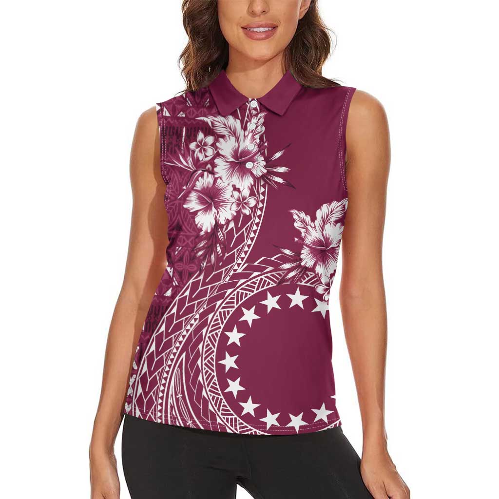 Kia Orana Cook Islands Women Sleeveless Polo Shirt Tiare and Stars - Maroon LT7 - Polynesian Pride