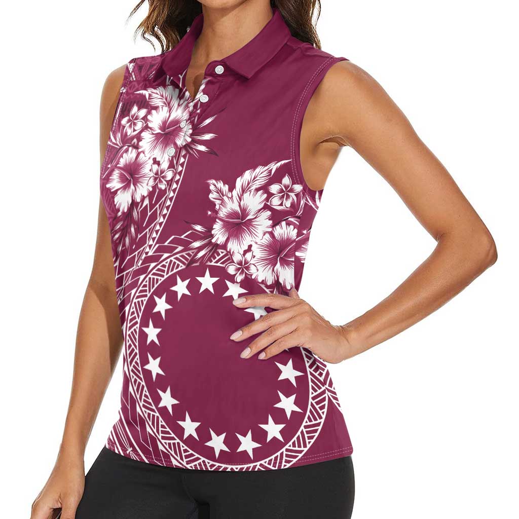 Kia Orana Cook Islands Women Sleeveless Polo Shirt Tiare and Stars - Maroon LT7 - Polynesian Pride