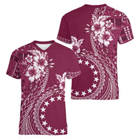 Kia Orana Cook Islands Women V-Neck T-Shirt Tiare and Stars - Maroon LT7 - Polynesian Pride