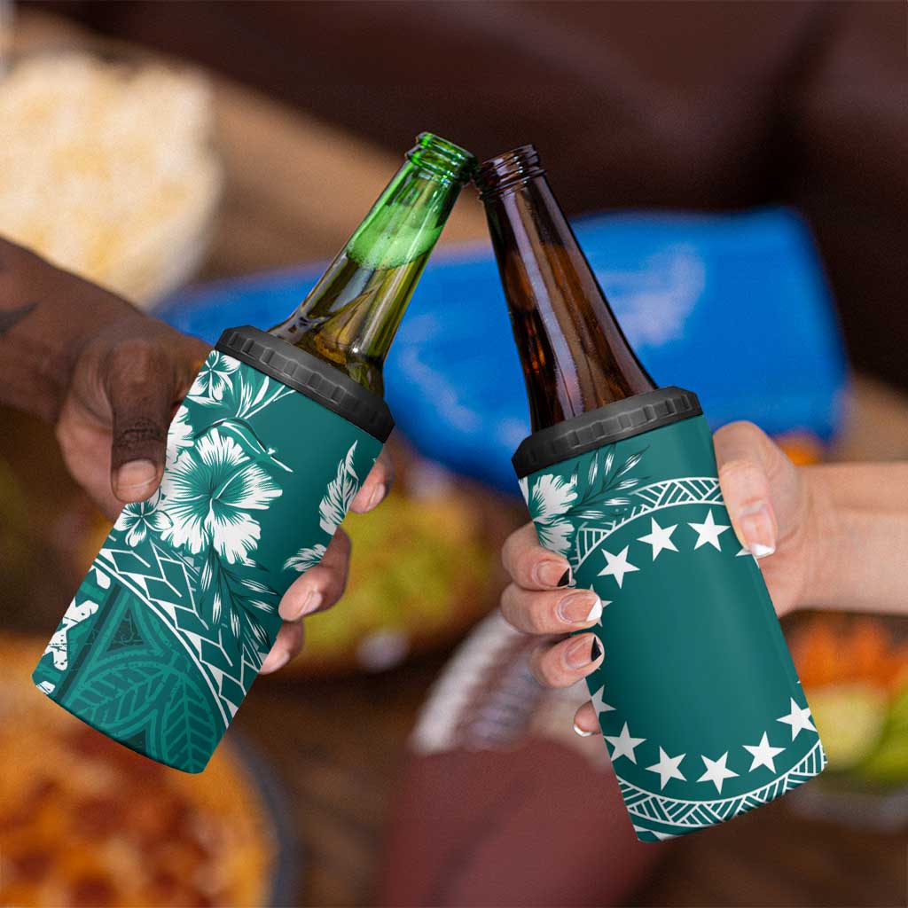 Kia Orana Cook Islands 4 in 1 Can Cooler Tumbler Tiare & Stars - Teal LT7 - Polynesian Pride
