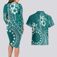 Kia Orana Cook Islands Couples Matching Long Sleeve Bodycon Dress and Hawaiian Shirt Tiare and Stars - Teal