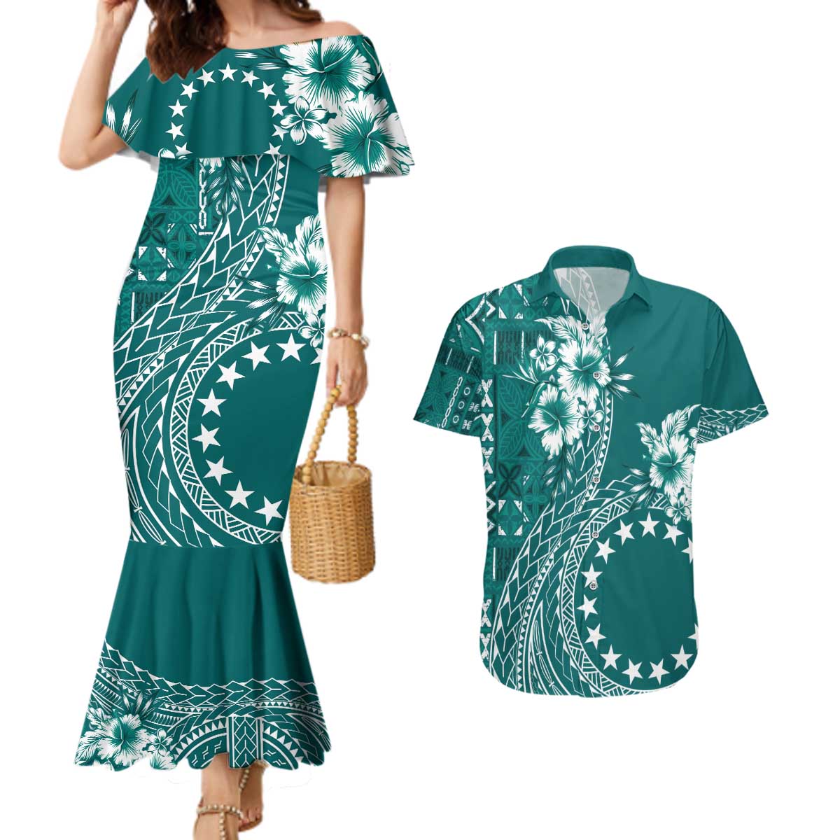 Kia Orana Cook Islands Couples Matching Mermaid Dress and Hawaiian Shirt Tiare and Stars - Teal