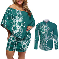 Kia Orana Cook Islands Couples Matching Off Shoulder Short Dress and Long Sleeve Button Shirt Tiare and Stars - Teal LT7 Teal - Polynesian Pride