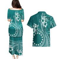 Kia Orana Cook Islands Couples Matching Puletasi and Hawaiian Shirt Tiare and Stars - Teal LT7 - Polynesian Pride