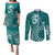 Kia Orana Cook Islands Couples Matching Puletasi and Long Sleeve Button Shirt Tiare and Stars - Teal