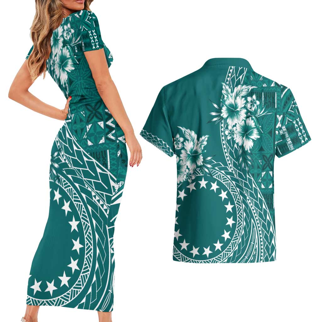 Kia Orana Cook Islands Couples Matching Short Sleeve Bodycon Dress and Hawaiian Shirt Tiare and Stars - Teal