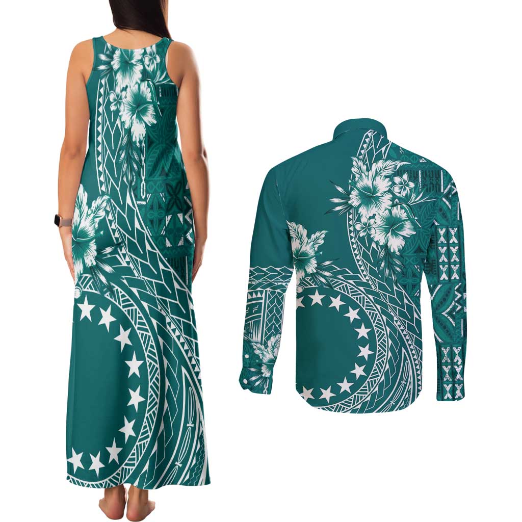 Kia Orana Cook Islands Couples Matching Tank Maxi Dress and Long Sleeve Button Shirt Tiare and Stars - Teal LT7 - Polynesian Pride