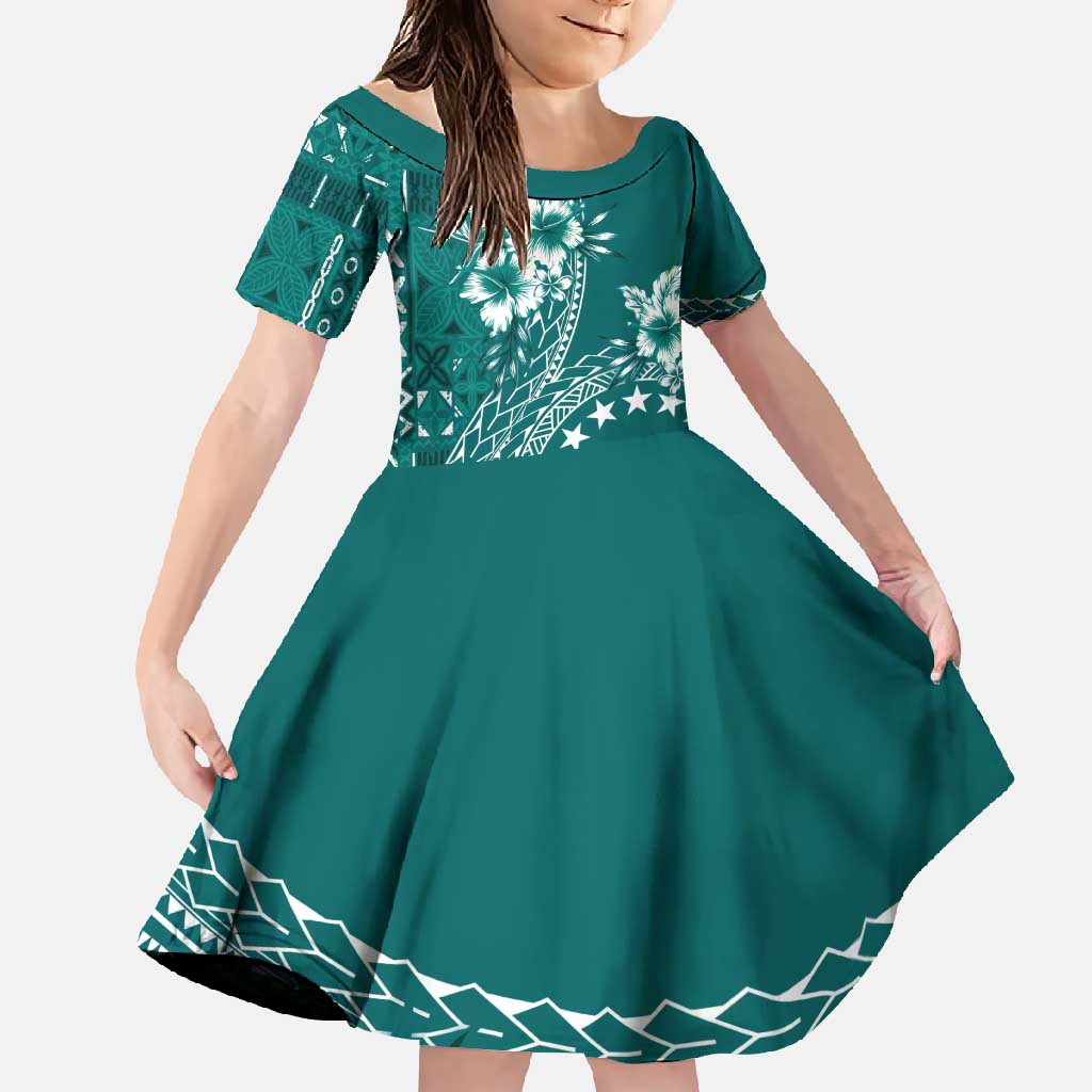 Kia Orana Cook Islands Family Matching Mermaid Dress and Hawaiian Shirt Tiare and Stars - Teal LT7 Daughter's Dress Teal - Polynesian Pride