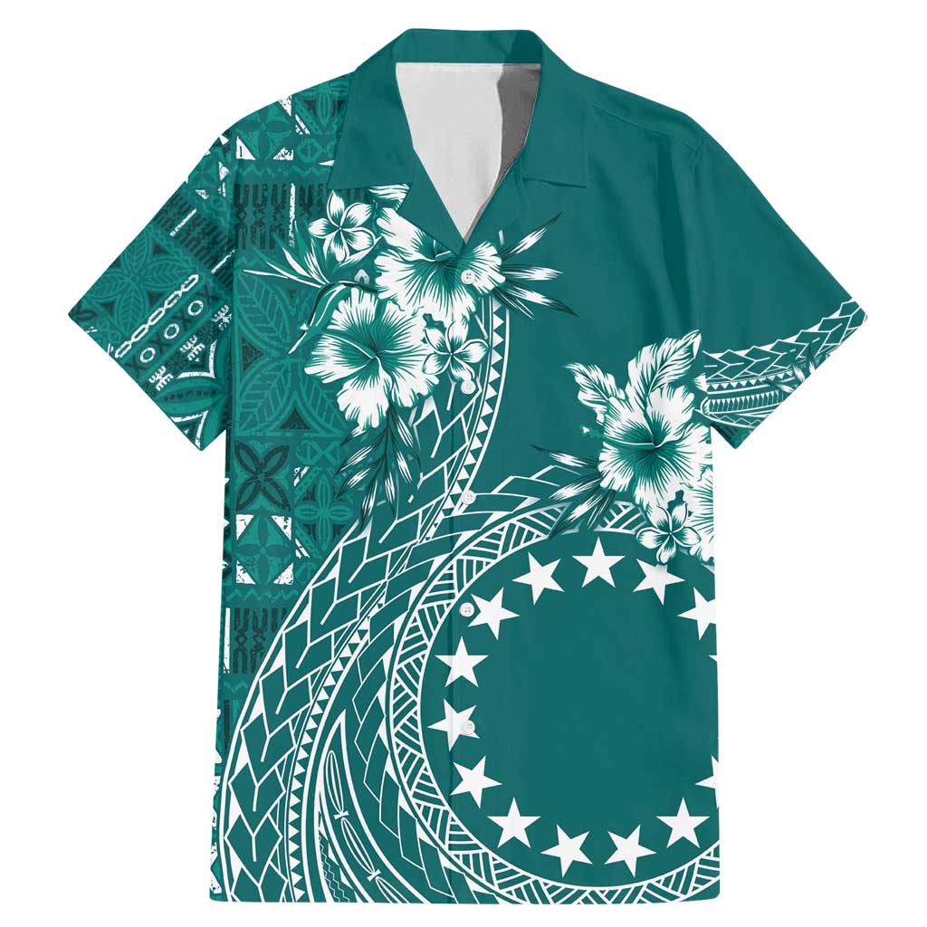 Kia Orana Cook Islands Family Matching Mermaid Dress and Hawaiian Shirt Tiare and Stars - Teal LT7 Dad's Shirt - Short Sleeve Teal - Polynesian Pride